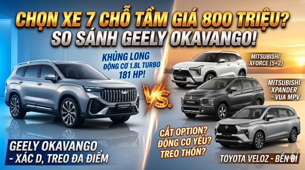 So sánh chi tiết kích thước khoang cabin và sức mạnh động cơ Turbo của Geely Okavango 2026 với các mẫu xe 7 chỗ trong tầm giá 700 - 800 triệu tại Việt Nam.